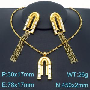 Creative U Shape Charms Jewelry Set Women's Gold Color Stainless Steel Tassel Earrings Crystal Necklace - KS222181-GC