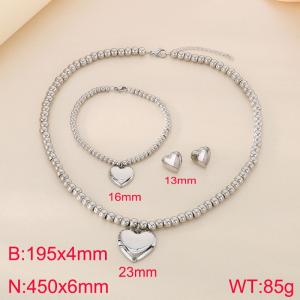 Stainless steel heart-shaped steel ball bracelet necklace earring set - KS222246-Z