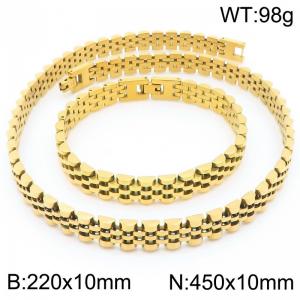 Stainless steel simple and fashionable 220 × 10mm&450 × 10mm strap chain special buckle charm gold bracelet&necklace 2-piece set - KS222370-KFC