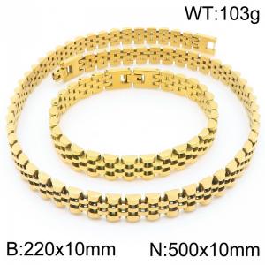 Stainless steel simple and fashionable 220 × 10mm&500 × 10mm strap chain special buckle charm gold bracelet&necklace 2-piece set - KS222371-KFC