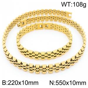 Stainless steel simple and fashionable 220 × 10mm&550 × 10mm strap chain special buckle charm gold bracelet&necklace 2-piece set - KS222372-KFC