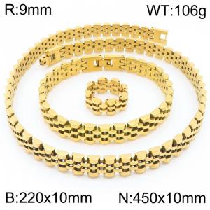 Stainless steel simple and fashionable 220 × 10mm&450 × 10mm strap chain special buckle charm gold ring&bracelet&necklace 3-piece set - KS222374-KFC