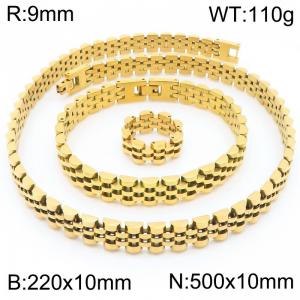 Stainless steel simple and fashionable 220 × 10mm&500 × 10mm strap chain special buckle charm gold ring&bracelet&necklace 3-piece set - KS222375-KFC