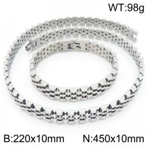 Stainless steel simple and fashionable 220 × 10mm&450 × 10mm strap chain special buckle charm silver bracelet&necklace 2-piece set - KS222378-KFC