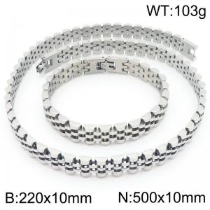 Stainless steel simple and fashionable 220 × 10mm&500 × 10mm strap chain special buckle charm silver bracelet&necklace 2-piece set - KS222379-KFC