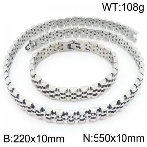 Stainless steel simple and fashionable 220 × 10mm&550 × 10mm strap chain special buckle charm silver bracelet&necklace 2-piece set - KS222380-KFC