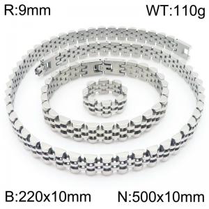 Stainless steel simple and fashionable 220 × 10mm&500 × 10mm strap chain special buckle charm silver ring&bracelet&necklace 3-piece set - KS222383-KFC