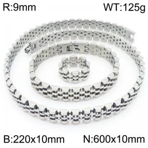 Stainless steel simple and fashionable 220 × 10mm&600 × 10mm strap chain special buckle charm silver ring&bracelet&necklace 3-piece set - KS222385-KFC