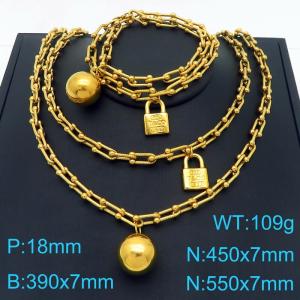 Fashion stainless steel double-layer horseshoe chain ball padlock neutral sweater chain bracelet two-piece set - KS222540-Z