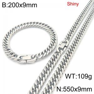 9mm wide fashionable and simple stainless steel jewelry buckle, whip chain bracelet, necklace two-piece set - KS222686-Z