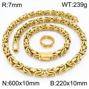 Fashionable and creative retro personality stainless steel 10mm emperor chain temperament gold ring&bracelet&necklace set - KS222874-KJX