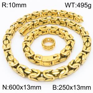 Fashionable and creative retro personality stainless steel 13mm emperor chain temperament gold ring&bracelet&necklace set - KS222882-KJX