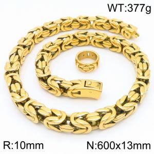 Fashionable and creative retro personality stainless steel 13mm emperor chain temperament gold ring&necklace set - KS222884-KJX