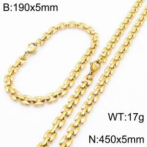 Fashionable and personalized stainless steel 5mm gold-plated flat track bracelet necklace two-piece set - KS223036-Z