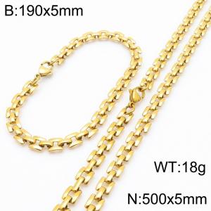 Fashionable and personalized stainless steel 5mm gold-plated flat track bracelet necklace two-piece set - KS223037-Z