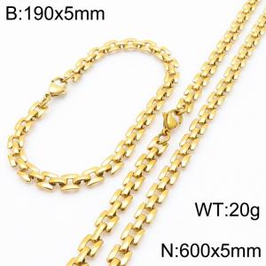 Fashionable and personalized stainless steel 5mm gold-plated flat track bracelet necklace two-piece set - KS223039-Z