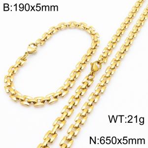 Fashionable and personalized stainless steel 5mm gold-plated flat track bracelet necklace two-piece set - KS223040-Z