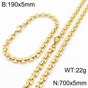 Fashionable and personalized stainless steel 5mm gold-plated flat track bracelet necklace two-piece set - KS223041-Z