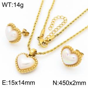 European and American fashion personality stainless steel creative heart-shaped shell pearl jewelry temperament gold earrings&necklace set - KS223083-GC