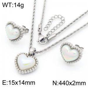 European and American fashion personality stainless steel creative heart-shaped shell pearl jewelry temperament silver earrings&necklace set - KS223084-GC