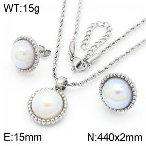 European and American fashion personality stainless steel creative circular shell pearl jewelry temperament silver earrings&necklace set - KS223085-GC