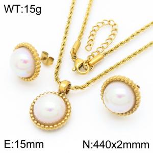 European and American fashion personality stainless steel creative circular shell pearl jewelry temperament gold earrings&necklace set - KS223086-GC