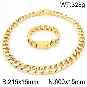 European and American fashion stainless steel 215 × 15mm&600 × 15mm Cuban chain rectangular buckle domineering gold set - KS223237-KJX