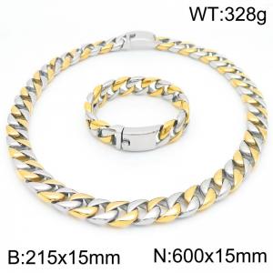 European and American fashion stainless steel 215 × 15mm&600 × 15mm Cuban chain rectangular buckle domineering gold&silver set - KS223238-KJX