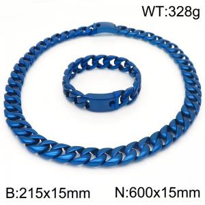 European and American fashion stainless steel 215 × 15mm&600 × 15mm Cuban chain rectangular buckle domineering blue set - KS223242-KJX