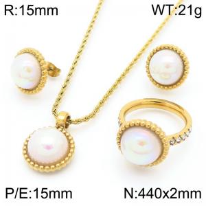 European and American fashion personality stainless steel creative circular shell pearl jewelry temperament gold earrings&rings&necklaces set - KS223243-GC