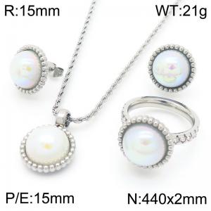 European and American fashion personality stainless steel creative circular shell pearl jewelry temperament silver earrings&rings&necklaces set - KS223244-GC