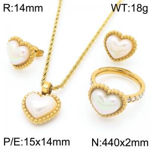 European and American fashion personality stainless steel creative heart-shaped shell pearl jewelry temperament gold earrings&rings&necklaces set - KS223245-GC