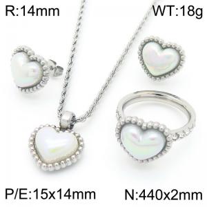 European and American fashion personality stainless steel creative heart-shaped shell pearl jewelry temperament silver earrings&rings&necklaces set - KS223246-GC