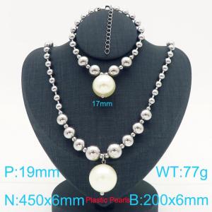 Cross border European and American fashion women's personalized stainless steel round bead bracelet necklace two-piece set with plastic pearl pendant - KS223645-Z