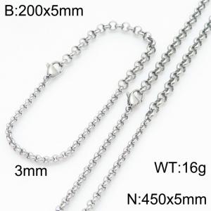 Fashionable and minimalist stainless steel round pearl 3mm spliced 5mm bracelet necklace two-piece set - KS223665-Z