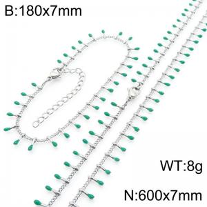 7mm stainless steel fashionable green match bracelet necklace two-piece set - KS223880-Z