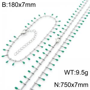 7mm stainless steel fashionable green match bracelet necklace two-piece set - KS223883-Z