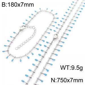 7mm Stainless Steel Fashion Blue Match Bracelet Necklace Two Piece Set - KS223890-Z