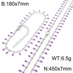 7mm stainless steel fashionable purple matchstick bracelet necklace two-piece set - KS223891-Z