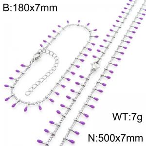 7mm stainless steel fashionable purple matchstick bracelet necklace two-piece set - KS223892-Z