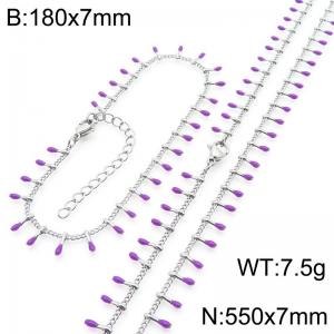 7mm stainless steel fashionable purple matchstick bracelet necklace two-piece set - KS223893-Z