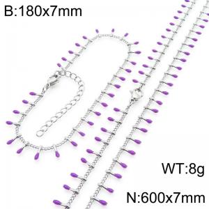 7mm stainless steel fashionable purple matchstick bracelet necklace two-piece set - KS223894-Z