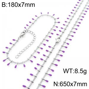 7mm stainless steel fashionable purple matchstick bracelet necklace two-piece set - KS223895-Z