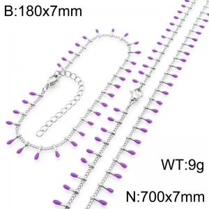 7mm stainless steel fashionable purple matchstick bracelet necklace two-piece set - KS223896-Z