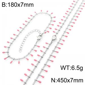 7mm stainless steel fashionable pink matchstick bracelet necklace two-piece set - KS223898-Z