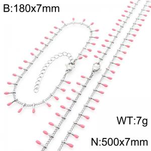 7mm stainless steel fashionable pink matchstick bracelet necklace two-piece set - KS223899-Z