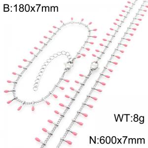 7mm stainless steel fashionable pink matchstick bracelet necklace two-piece set - KS223901-Z