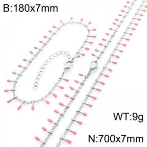 7mm stainless steel fashionable pink matchstick bracelet necklace two-piece set - KS223903-Z