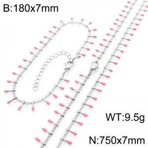 7mm stainless steel fashionable pink matchstick bracelet necklace two-piece set - KS223904-Z