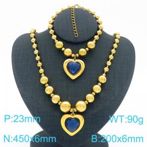 European and American cross-border stainless steel gold-plated jewelry exaggerated round bead punk heart-shaped pendant bracelet necklace two-piece set - KS223927-Z